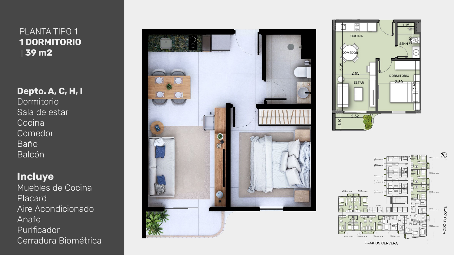 Planta tipo 1 1 dormitorio 39 m2 depto A,C,H,I