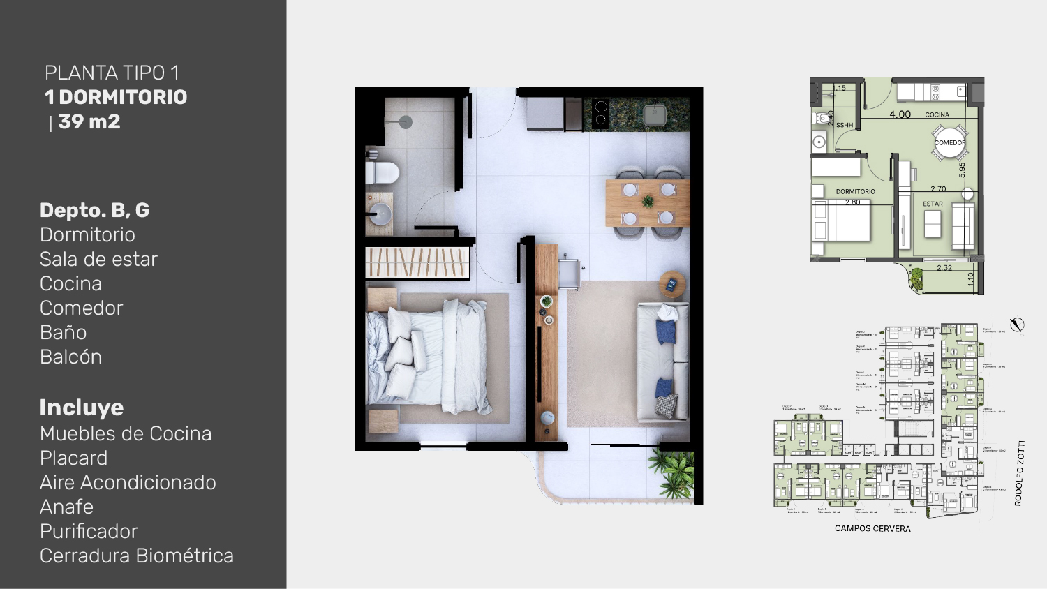 Planta tipo 1 1 dormitorio 39 m2 depto B, G