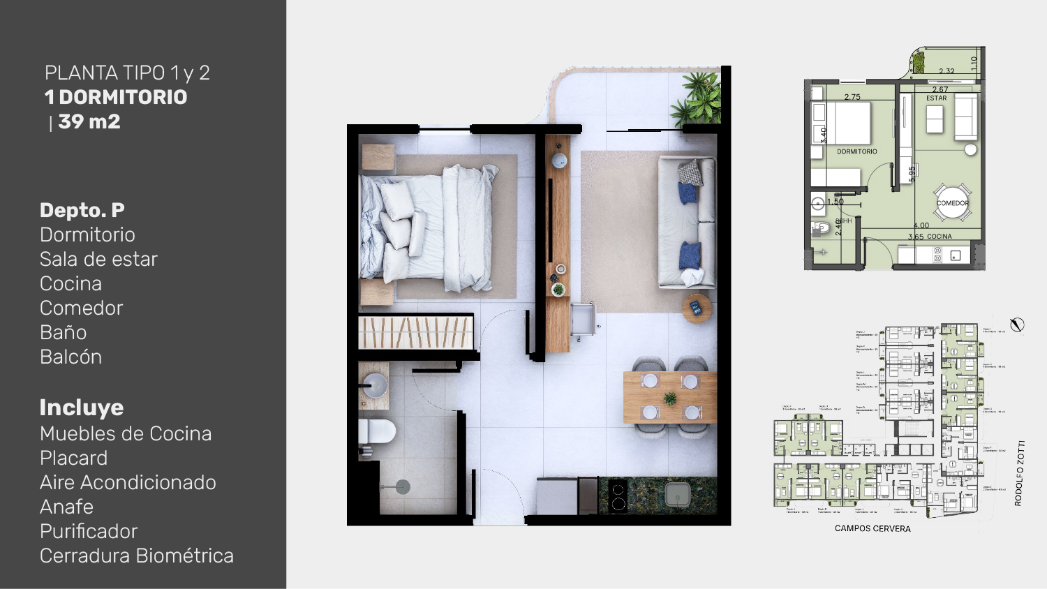 Planta tipo 1 1 dormitorio 39 m2 depto P