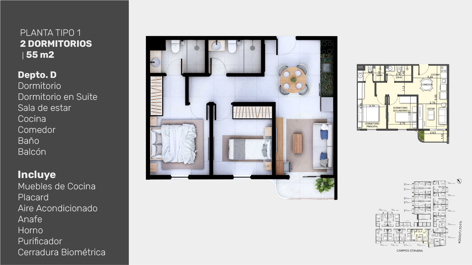 Planta tipo 1, 2 dormitorios Depto D