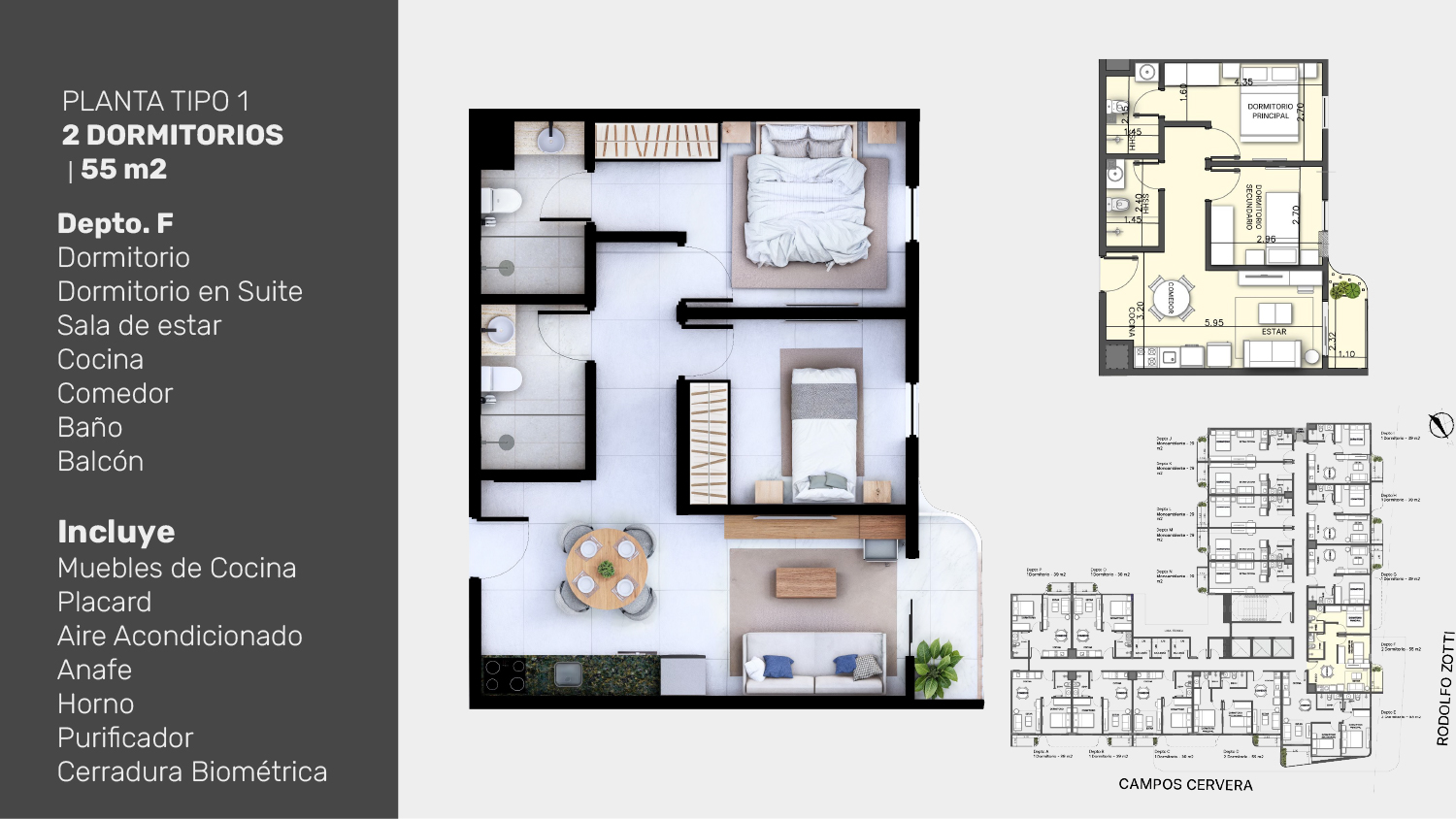 Planta tipo 1, 2 dormitorios Depto F