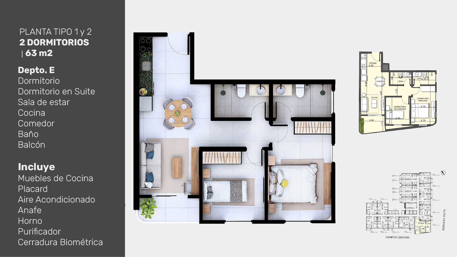 Planta tipo 1 y 2, 2 dormitorios depto E