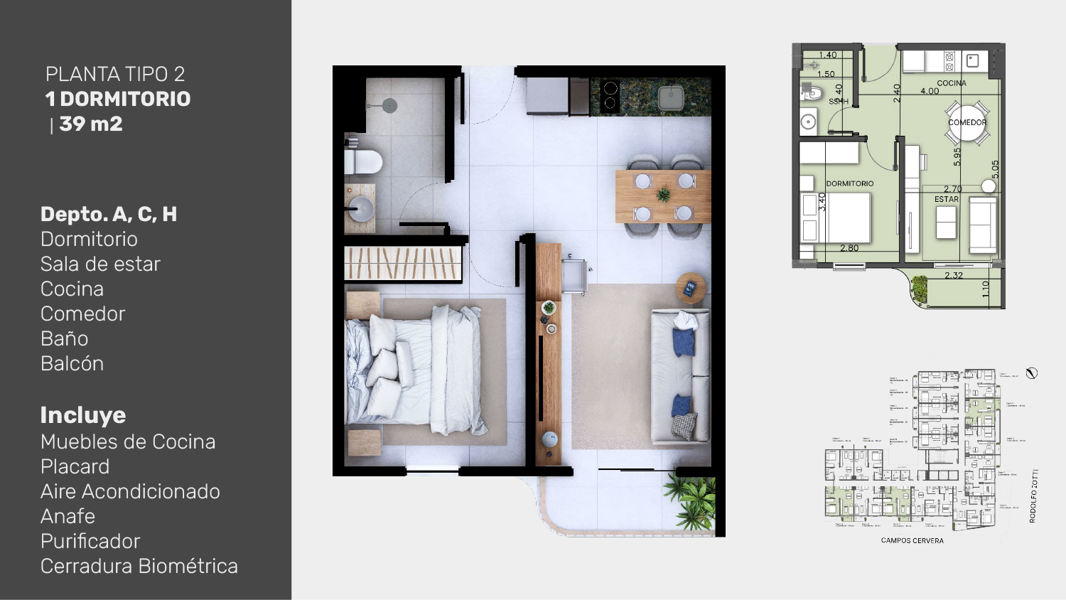 Planta tipo 2, 1 dormitorios Depto A,C,H