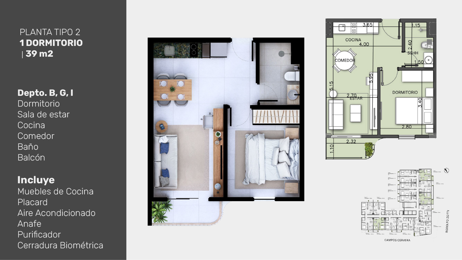 Planta tipo 2, 1 dormitorios Depto B,G,I