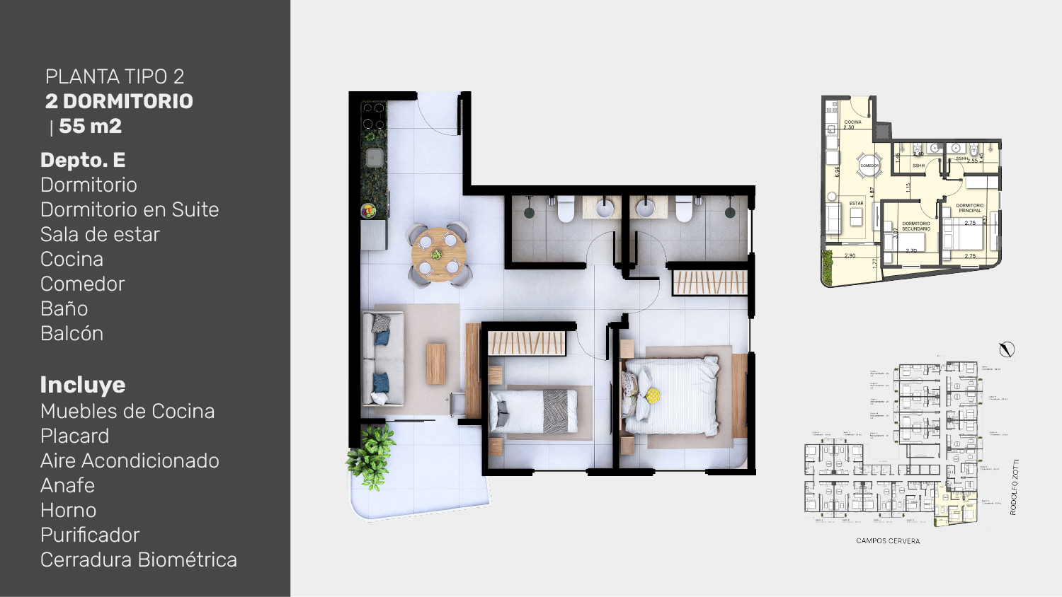 Planta tipo 2, 2 dormitorios Depto E