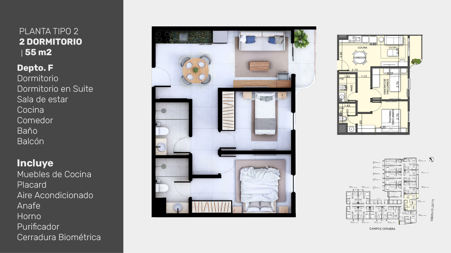 Planta tipo 2, 2 dormitorios Depto F
